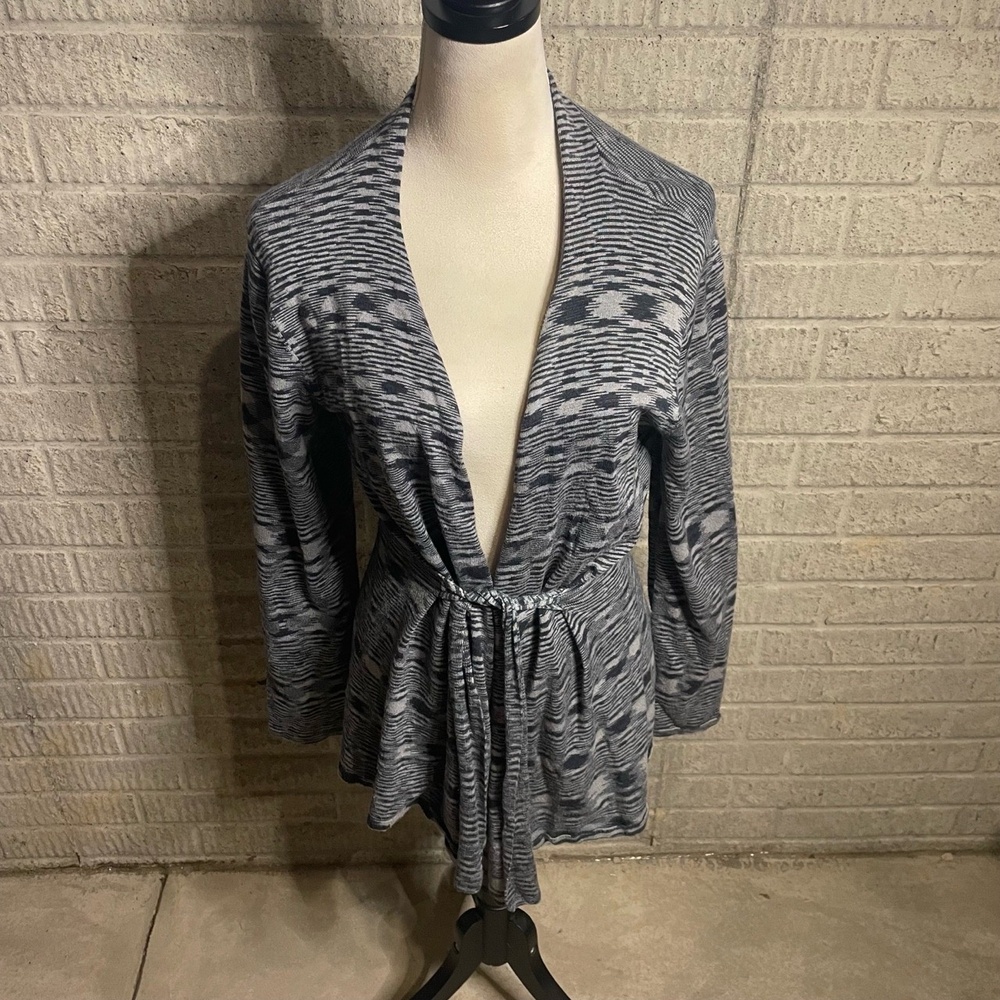 Tribal Gray Tie Waist Belted‎ Patterned Open Front Cardigan Sweater Size Large